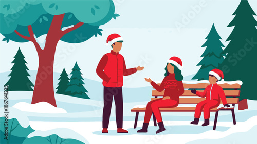Family in winter park, parents and child talking on snowy bench