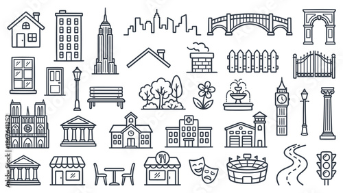Collection of architectural illustrations featuring landmarks, monuments, and buildings in a minimalist style