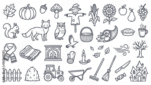Black and white illustrations of farm animals and gardening tools in a rural landscape viewed from above.
