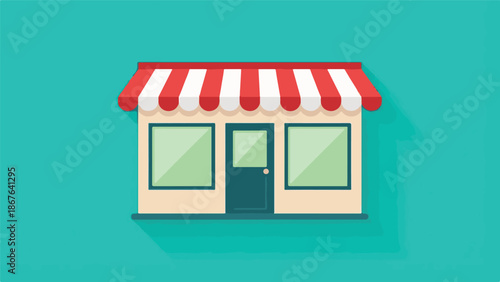 Flat design illustration of a small business storefront with red striped awning