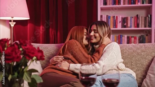 Couple relaxing with wine on sofa