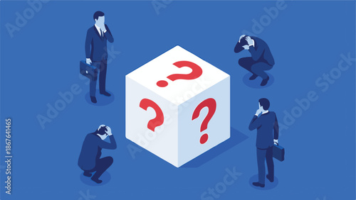 Businessmen facing questions, uncertainty, and stress in a challenging environment