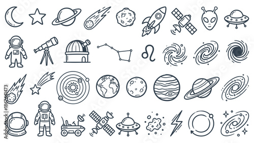 A collection of space-themed illustrations showcasing planets, stars, and spacecraft in a minimalist style