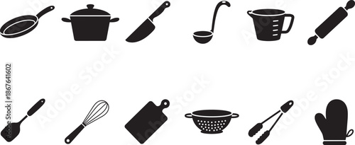 Kitchen utensils and cooking equipment icons including pots pans knives and baking accessories