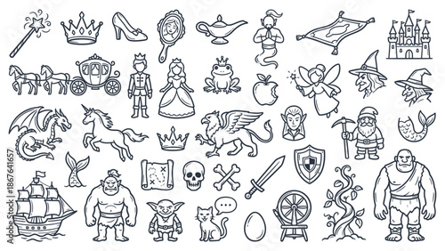 A collection of fantasy and medieval illustrations including mythical creatures and legendary characters in a simple line art style
