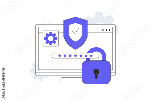 Computer security. Device security, computers safeguarded with lock and shield. Firewall protection, access privacy, personal information, secure systems. Flat Cartoon Vector Illustration, icon Web