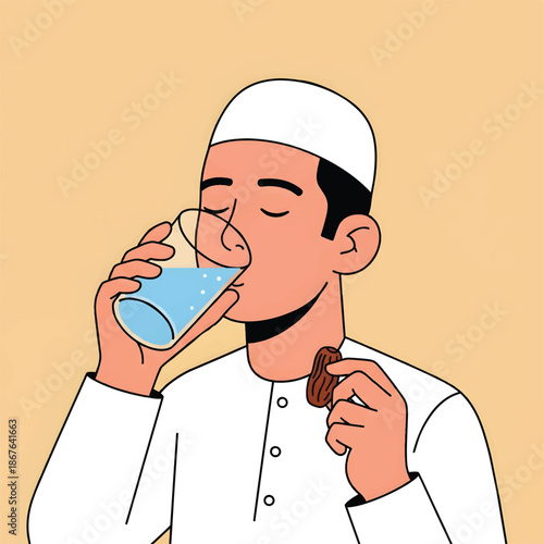 Muslim man breaking fast with water and dates during Ramadan.