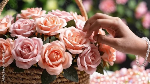 Hand arranging peach roses in basket