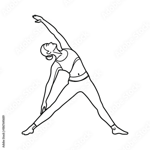 Woman in yoga pose triangle stretch line stretching exercise fitness des