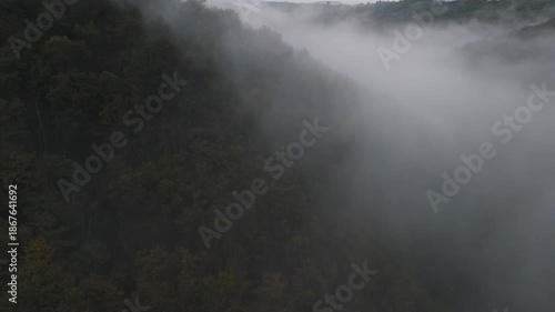 Aerial of hills and forest countryside in the fog