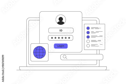 Login page for accounts featuring fields for username and password. The principles of web security, user authentication, and data safeguarding online access and sign-in procedures. Flat Cartoon Vector