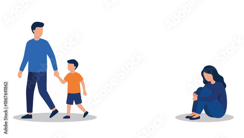 Family separation concept: father and son leaving a sad, lonely mother