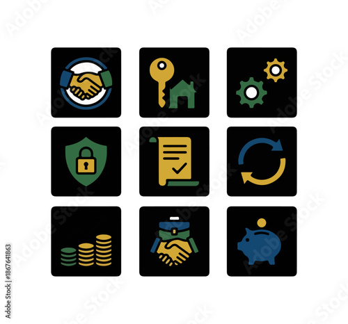 Business icons set representing finance security and agreements