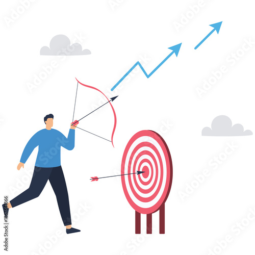 Flat vector style illustration of confident businessman hitting multiple arrows on bullseye target for business precision and success stock illustration