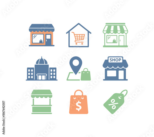 Icon set of various storefront and retail building designs