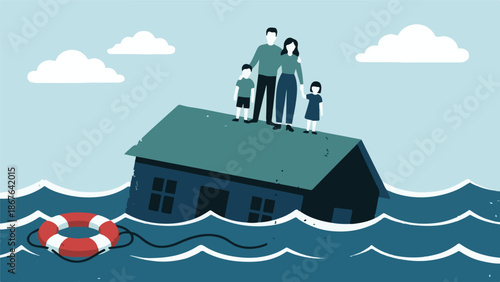 Family on roof of flooded house with life preserver during disaster