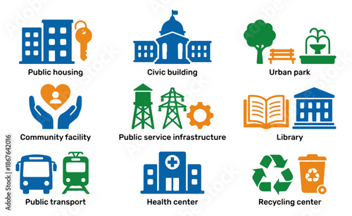 Iconic illustrations representing community services and infrastructure