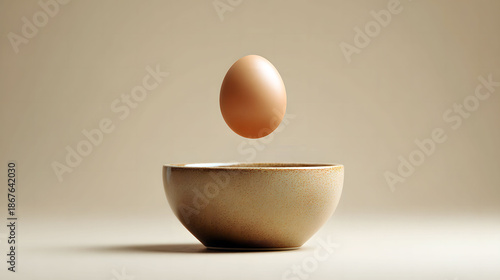 Egg floating above a wooden bowl