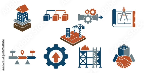 Isometric construction icons buildings machinery and development symbols