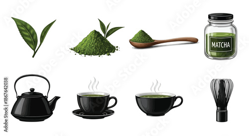 A collection of matcha tea elements including powder leaves and brewing tools