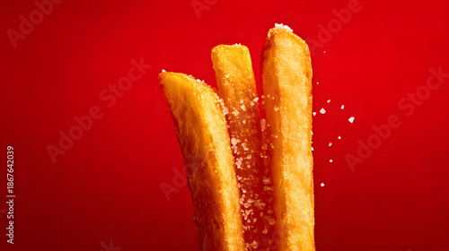 French fries with salt on red background