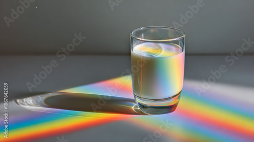 Glass of milk with rainbow prism light