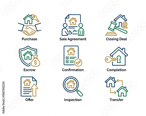 Real estate icon set illustrating property transactions and services