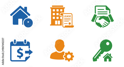 Real estate icons house apartment lease agreement handshake calendar user key
