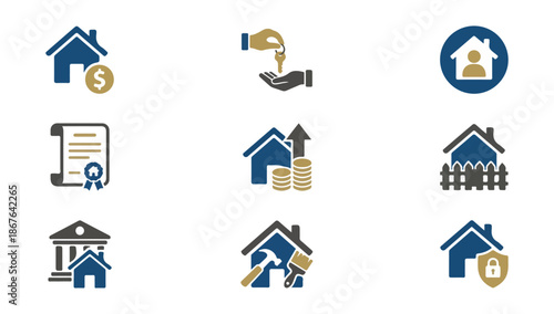 Real estate icons representing housing finance and investment concepts