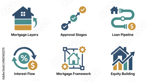 Real estate icons house symbols financial concepts process charts