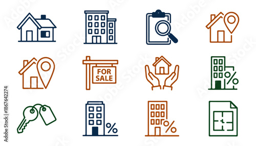 Real estate icons representing various property types and services on black