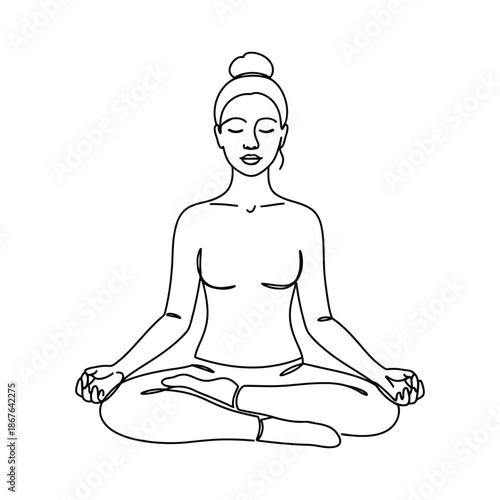 Single line of a woman meditating in lotus pose yoga meditation female d