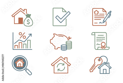 Real estate icons financial concepts and property symbols