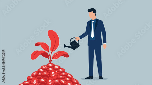Investment and wealth growth concept with businessman watering money plant
