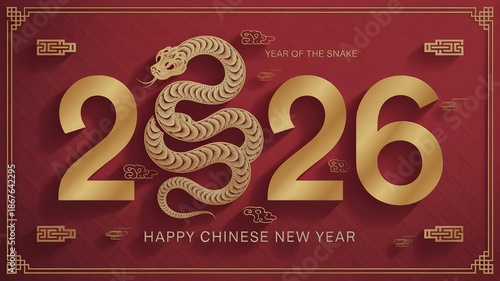 2026 Chinese New Year Celebration With Golden Snake Illustration In Red And Gold Theme