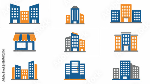 Set of various colorful building icons for commercial and editorial use