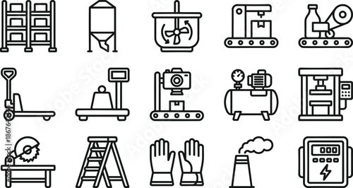 Factory Production Equipment Line Icons Set, Manufacturing Machinery and Warehouse Outline Symbols