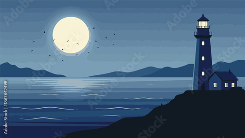 Lighthouse on a cliff by the sea under a full moon at night with flying birds