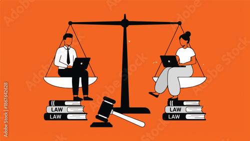 Legal professionals working on laptops on scales of justice, equality concept