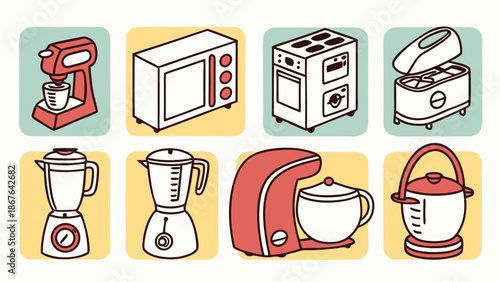 Kitchen Appliance Icons Set for Cooking Recipe Websites Home Goods Store Graphics Small Household Gadgets Vector Illustration