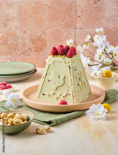 Step-by-step preparation of a cottage cheese Easter dessert in the shape of a truncated cone with pistachio paste, white chocolate and dried cranberries.
