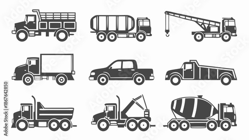 Construction and Hauling Vehicle Icons Set Crane Dump Mixer Pickup Truck for Logistics and Industry Web Design Projects