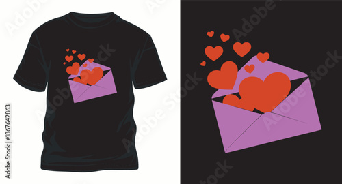 Valentine day t shirt design with hearts coming out of envelope