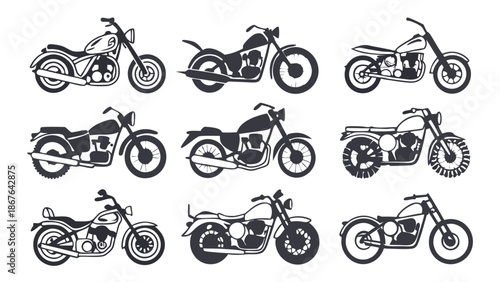 Nine Motorcycle Silhouettes Vector Set for Biker Club Design Adventure Travel Web Graphics and Apparel Printing