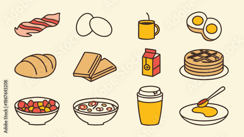 Delicious Breakfast Food Icons for Cafe Menu Design Recipe Website Healthy Morning Meal Graphics