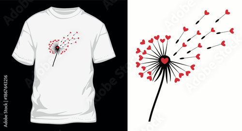 Dandelion dandelion clock with heart shaped seeds blowing in wind for valentine t-shirt design concept