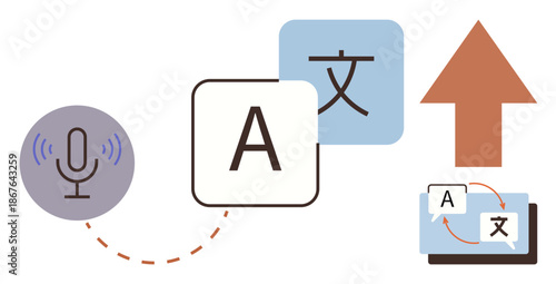 Language learning, speech processing, translation technology, multilingual communication, voice recognition, text conversion. Microphone, text blocks, arrow and computer screen illustration