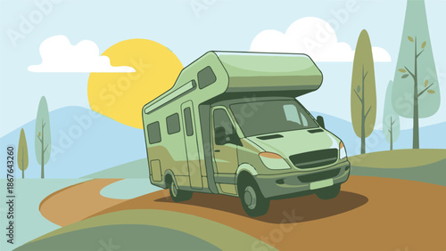 Cartoon recreational vehicle traveling on a winding road in a scenic landscape
