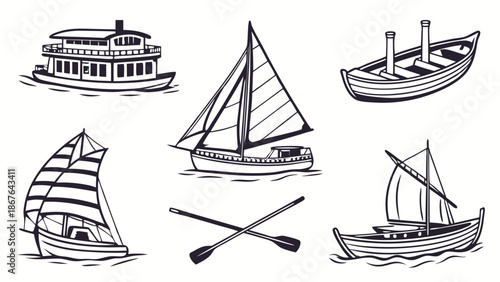 Vintage Nautical Vessels Collection Steamboat Sailboat Rowboat for Travel Tourism Web Design Illustration