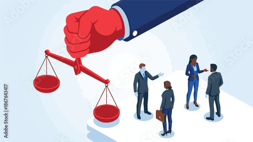 Isometric illustration of business people and the scales of justice